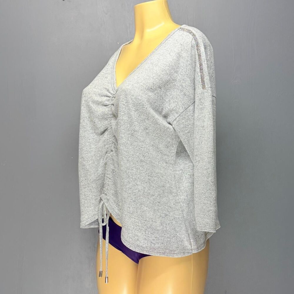 89th + Madison Gray Sweater Top L | Ruched Drawstring | Rhinestone Shoulder